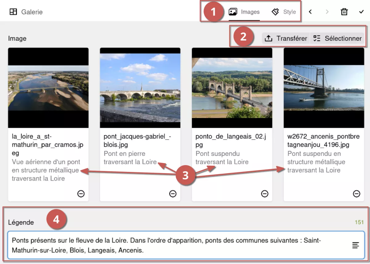 Édition d'une galerie d'images dans l'espace d'administration, annoté