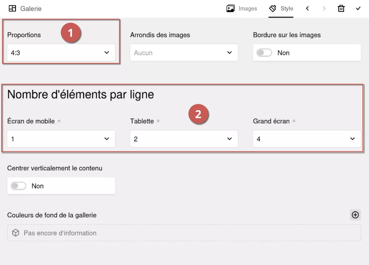 Édition des options d'une galerie d'images dans l'espace d'administration, annoté