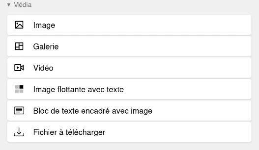 Liste des blocs dédiés aux contenus média : image, galerie d'image, vidéo, image avec texte et fichier à télécharger