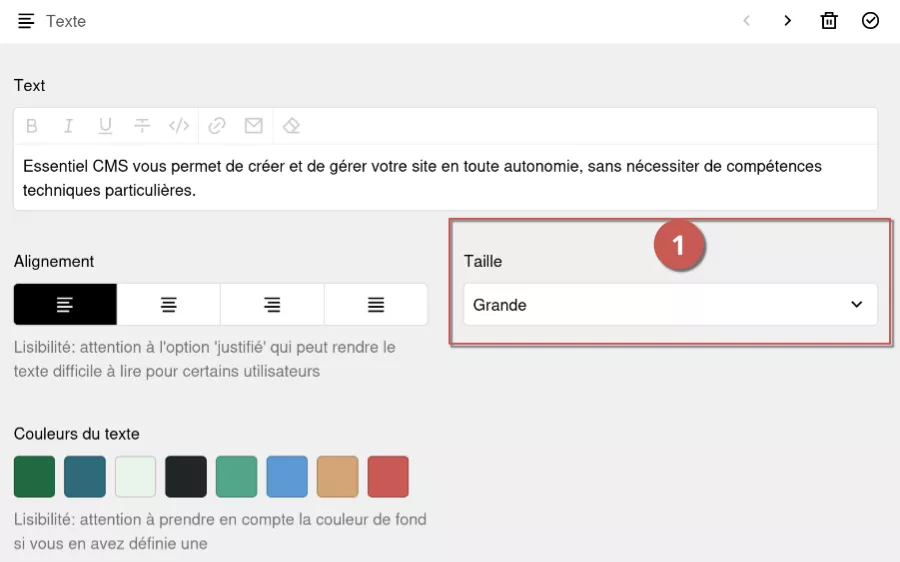 Modification de la taille du texte d'un bloc texte sur l'interface d'administration