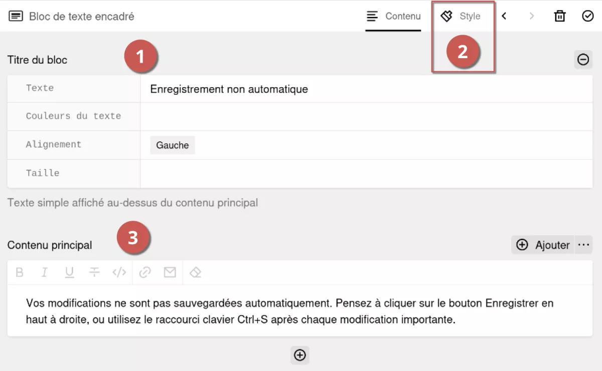 Édition d'un bloc de texte encadré dans l'espace d'administration, annoté