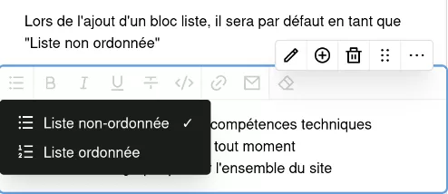 Bloc liste, l'option d'affichage "Liste non ordonnée" est sélectionnée