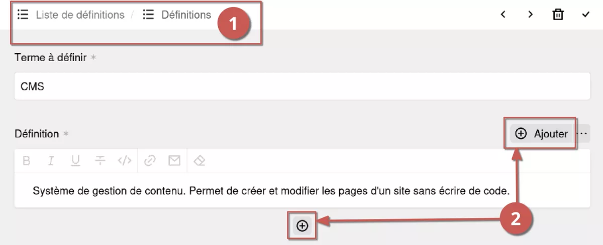 Édition d'une définition dans l'espace d'administration, annoté