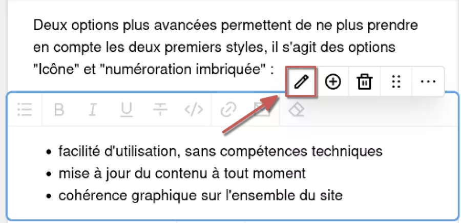 Accéder aux options avancées de mise en page d'un bloc liste