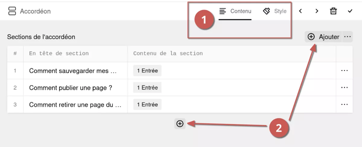 Édition d'un bloc accordéon dans l'espace d'administration, annoté