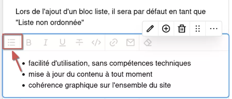 Bouton de sélection du style par défaut d'un bloc liste