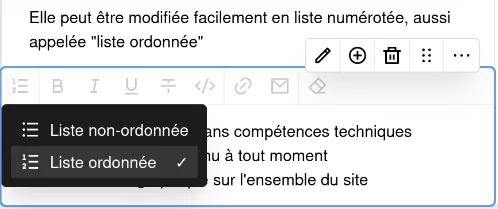 Bloc liste, l'option d'affichage "Liste ordonnée" est sélectionnée