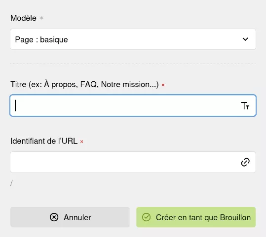 Fenêtre de création de page de l'espace d'administration