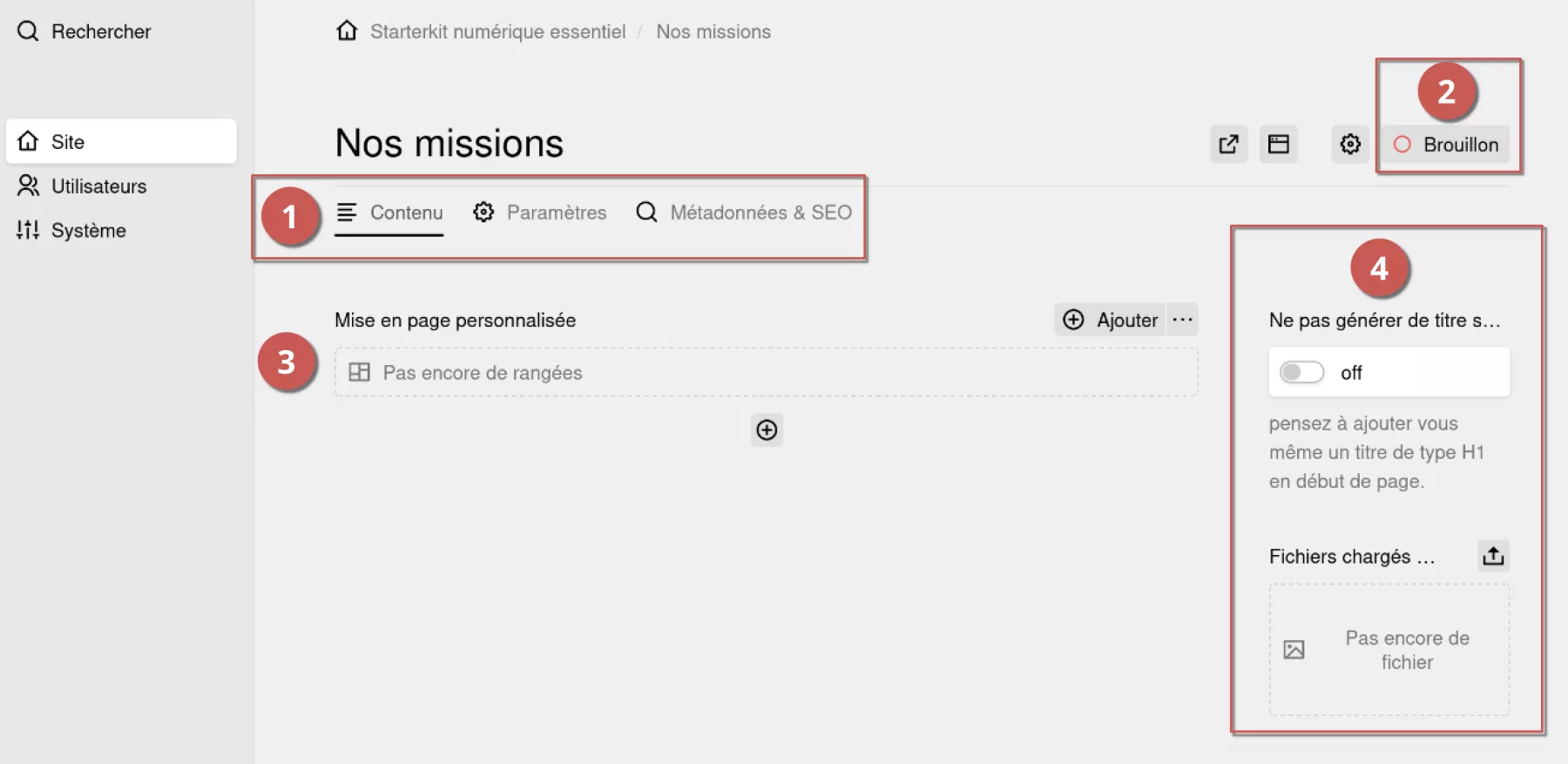 Page "Nos missions" avec sections numérotées, pour une explication détaillée.