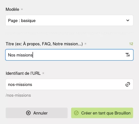 Fenêtre de création d'une nouvelle page basique "nos missions"