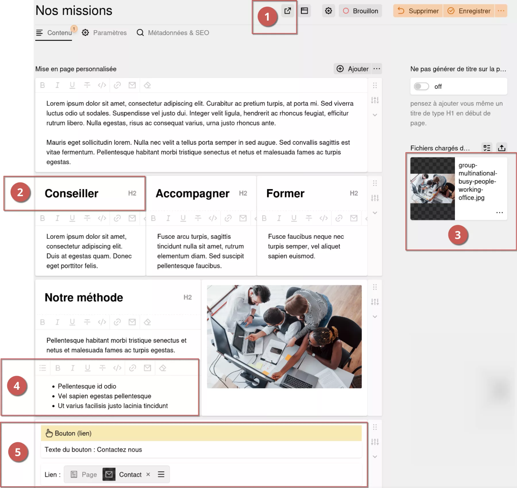 Page "Nos missions" avec tous ses blocs de contenus, annoté