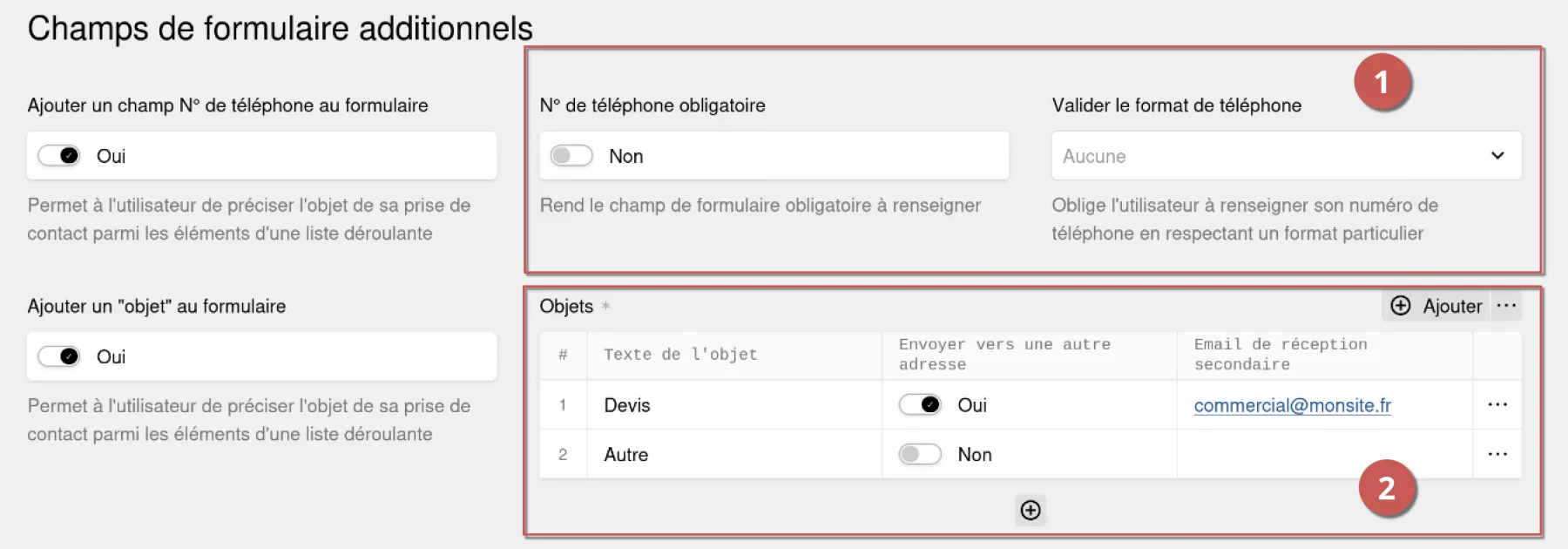 Activation des champs de formulaires: numéro de téléphone et objet