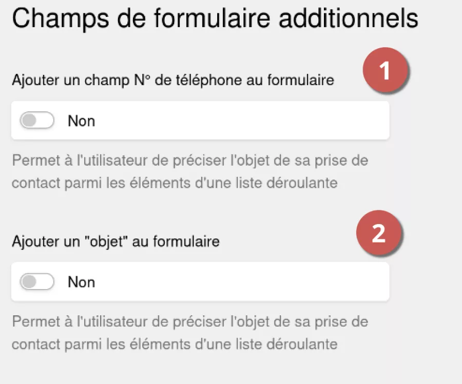 Configuration des champs de formulaires: numéro de téléphone et objet