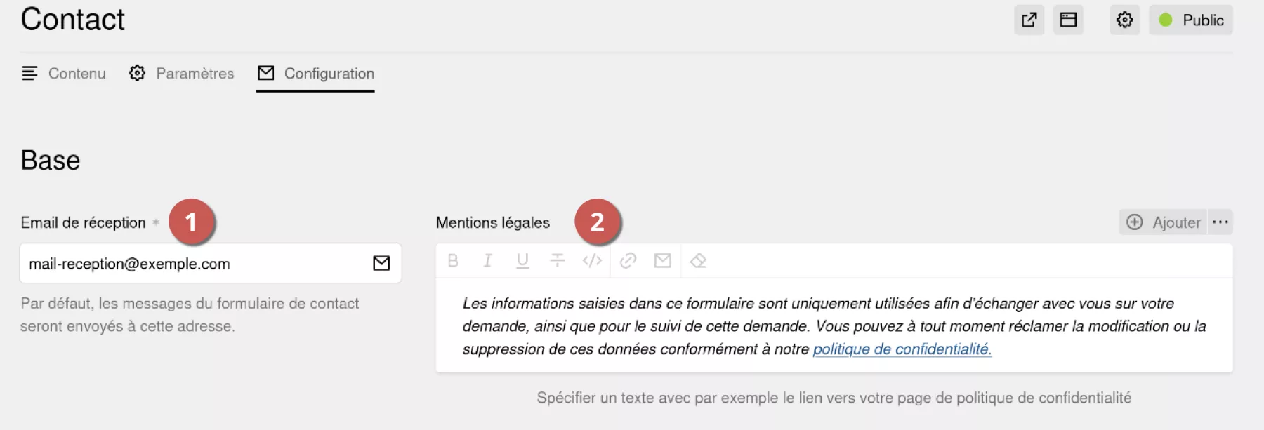 Onglet "Configuration" avec annotations pour la configuration de base du formulaire de contact